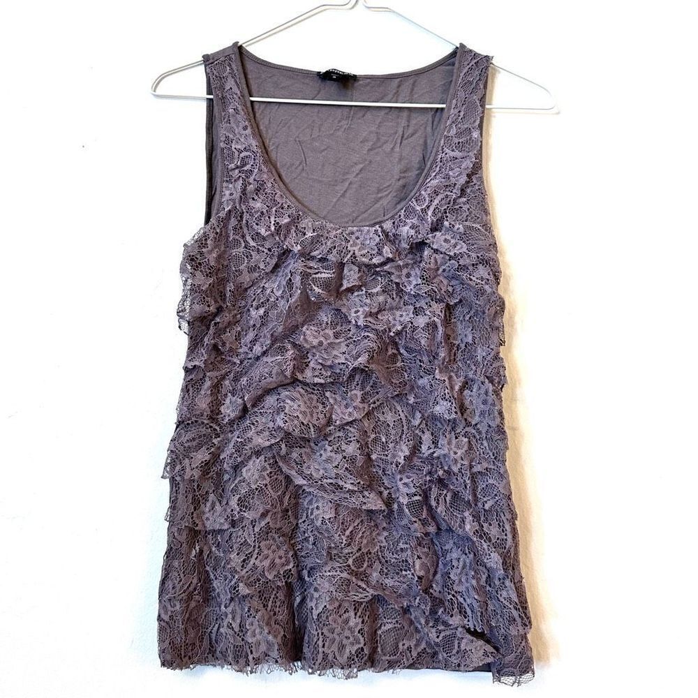 Express Scoop Neck Layered Ruffle Lace Front Cotton Blend Tank Top Mauve Small